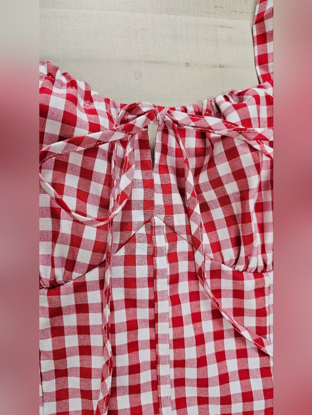 New Gingham Lace Up Back A Line Midi Dress PLUS Red White - Picture 10 of 14